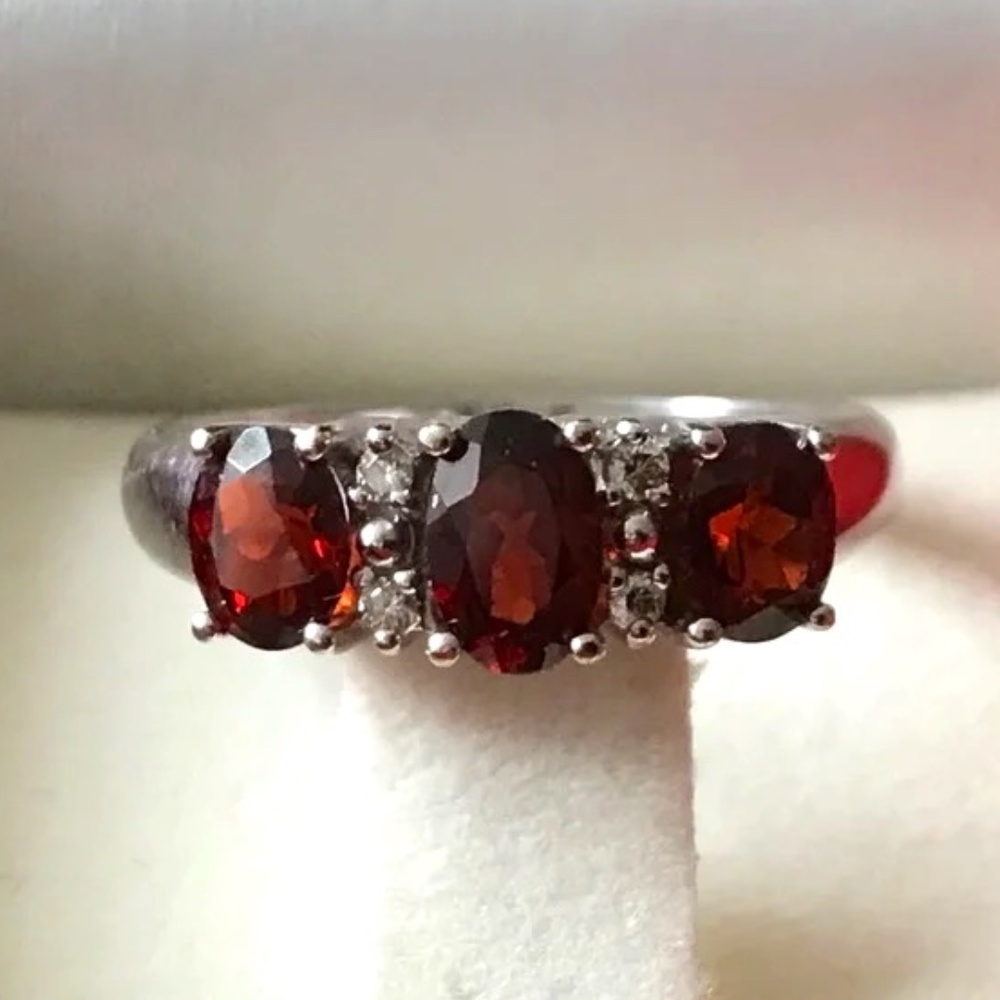 Birks Vintage 14k White Gold Triple Garnets with Diamonds Accent Ring